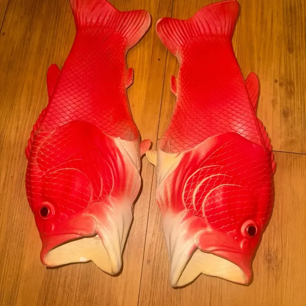 Red Fish Shaped Novelty Sandals Size 10 Unisex Funny Fish Slippers